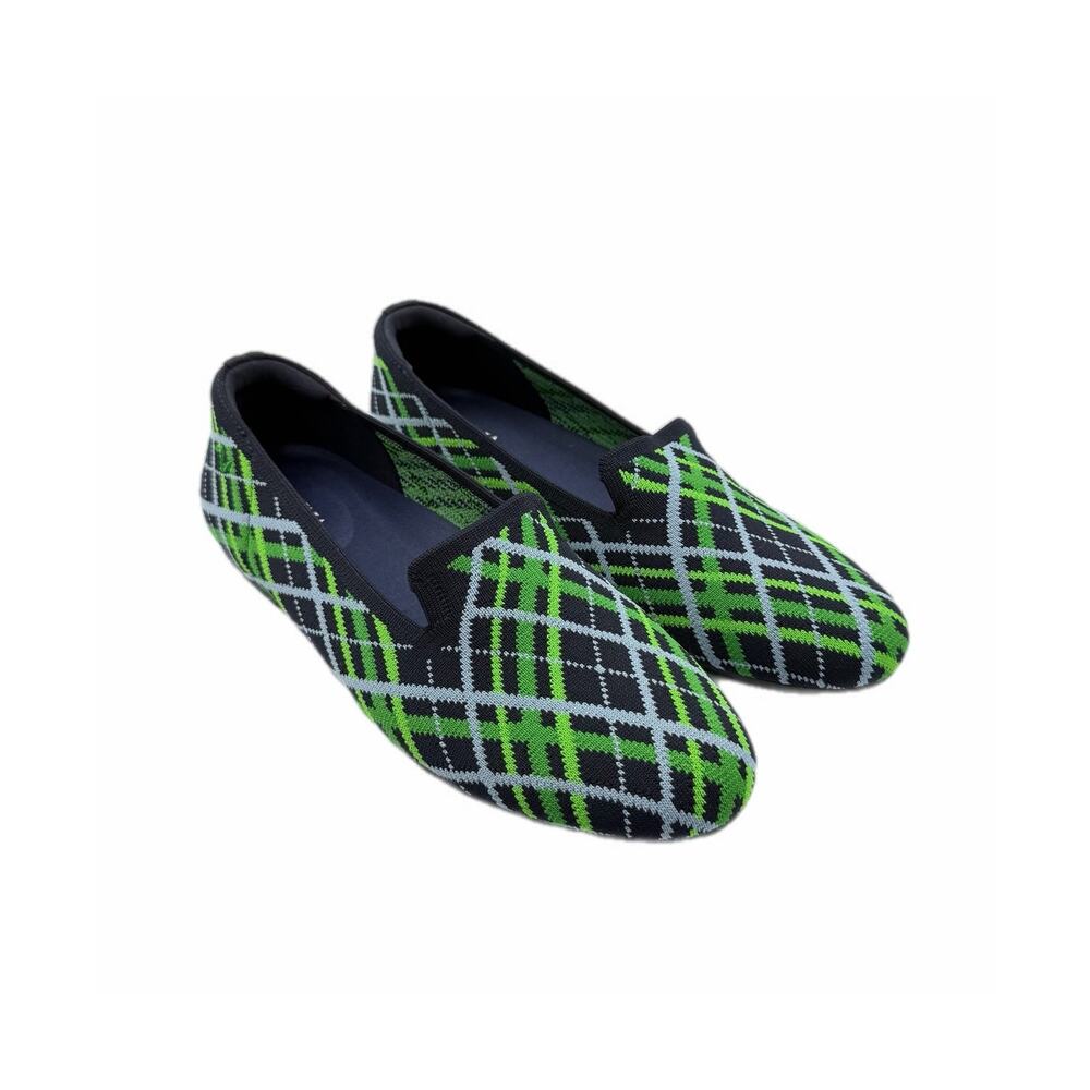 Vivaia Palette Audrey Green Navy Plaid Casual Round Toe Woven Knit Loafer Flats